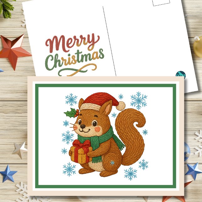 Whimsical Embroidered Squirrel Christmas Postcard (Creator Uploaded)