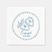 Whimsical Engaged Couple Blue Hearts Trendy Doodle