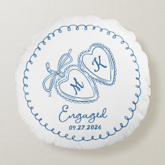 Whimsical Engaged Couple Blue Hearts Trendy Doodle Round Cushion