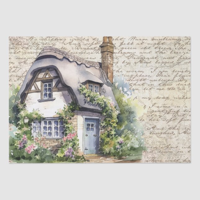 Whimsical English Thatched Cottage Old Letter Tissue Paper (Front)