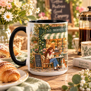 Whimsical European Coffee Shop Girl with Dog Mug