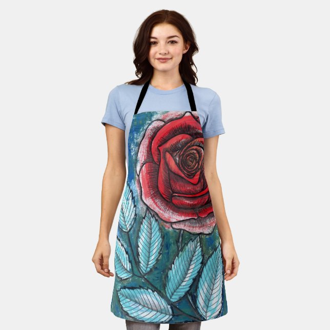 Whimsical Expressionist Red Rose Teal Leaves Apron (Worn)