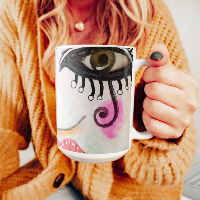 Whimsical Face Black White Neon Pink Red Artistic Mug (Creator Uploaded)