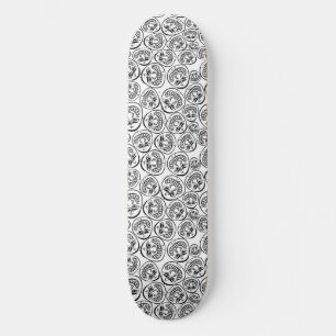 Whimsical Faces: Playful Black and White Cartoon Skateboard