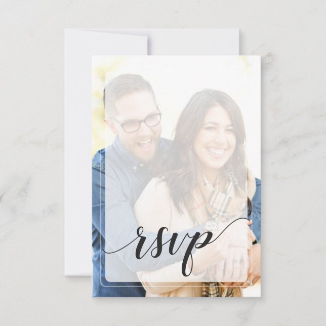 Whimsical Faded Photo Calligraphy Wedding RSVP Card (Front)
