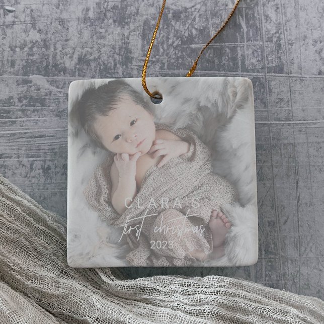 Whimsical Faded Photo First Christmas Square Ceramic Ornament (Creator Uploaded)