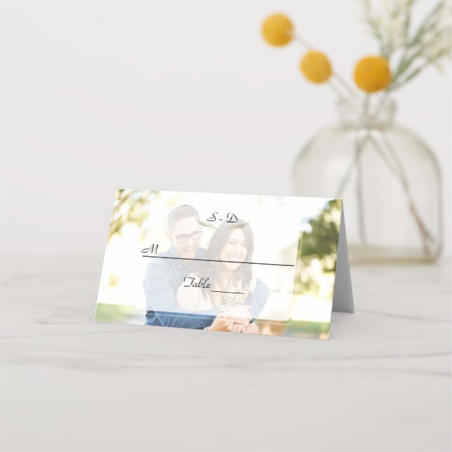 Whimsical Faded Photo Geometric Wedding Place Card (Front)