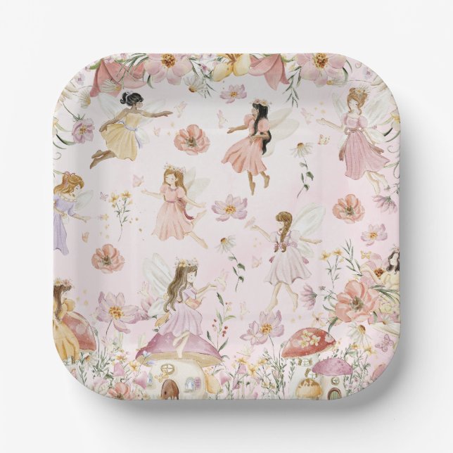 Whimsical Fairies Birthday Flower Garden Meadow Paper Plate (Front)