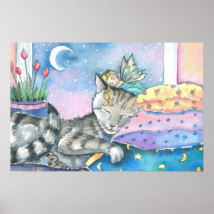 Whimsical Fairy and Tabby Cat Art Print Poster