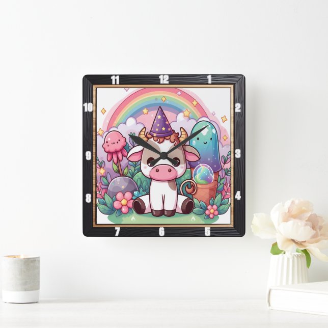 Whimsical Fairy Cow Rainbow  Square Wall Clock (Home)