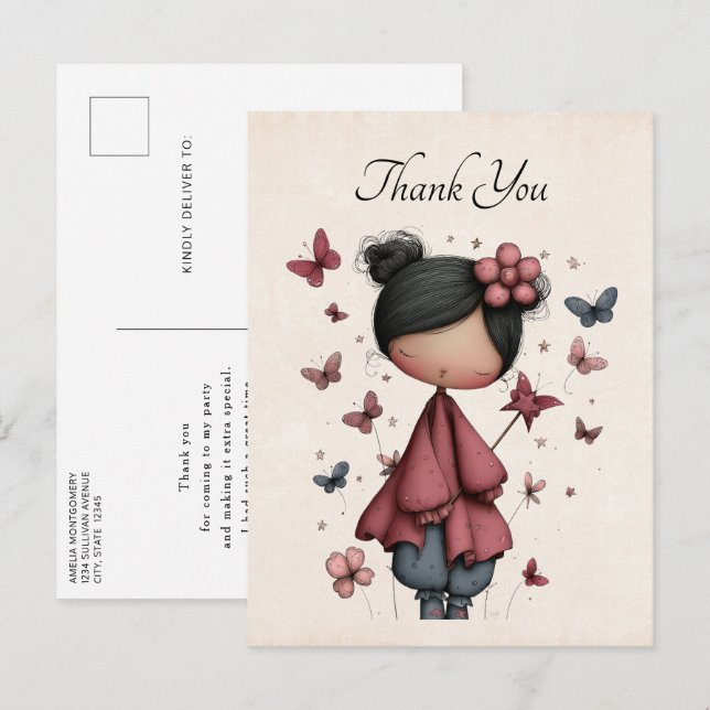 Whimsical Fairy Doll Retro Cute Thank You Postcard (Front/Back)