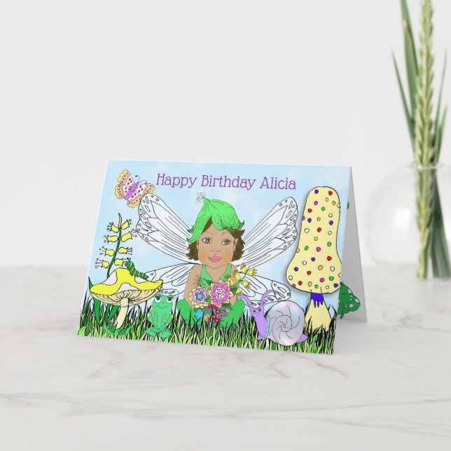 Whimsical Fairy Elf on Magic Mushroom Birthday Card (Front)