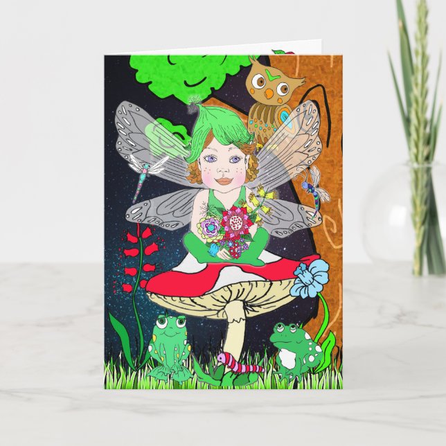 Whimsical Fairy Elf on Magic Mushroom Birthday Card (Front)