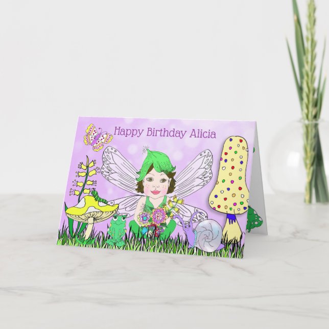 Whimsical Fairy Elf on Magic Mushroom Birthday Card (Front)