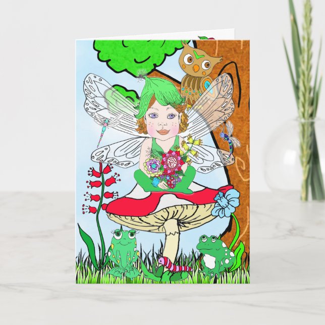 Whimsical Fairy Elf on Magic Mushroom Birthday Card (Front)