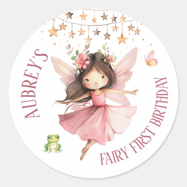 Whimsical Fairy First Birthday Classic Round Sticker (Front)