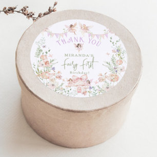 Whimsical Fairy First Birthday Pastel Thank You Classic Round Sticker