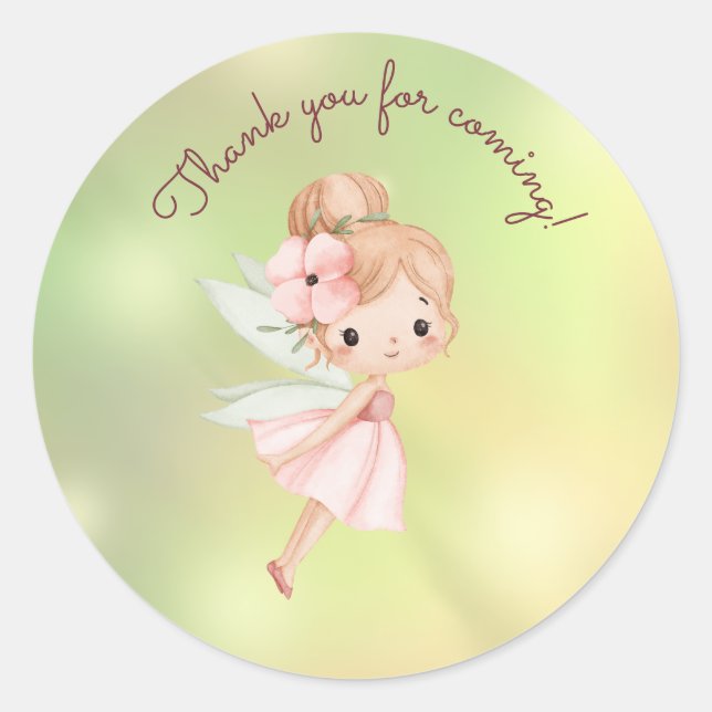 Whimsical Fairy First Birthday Thank You Classic Round Sticker (Front)