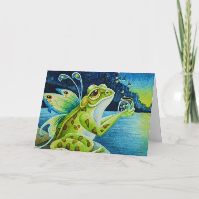 Whimsical Fairy Frog & Fireflies Watercolor Art Card (Front)