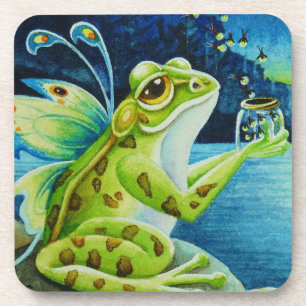 Whimsical Fairy Frog & Fireflies Watercolor Art Coaster