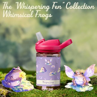Whimsical Fairy Frog & Water Lily Kids Name Water Bottle