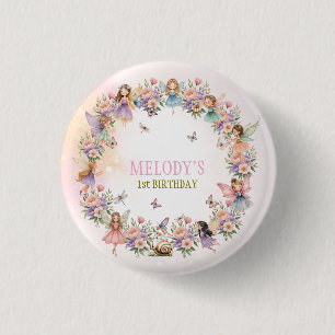 Whimsical fairy garden 1st birthday  3 cm round badge