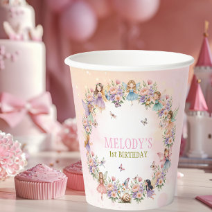 Whimsical fairy garden 1st birthday paper cups