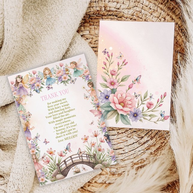 Whimsical fairy garden 1st birthday  thank you card (Creator Uploaded)