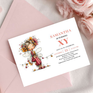 Whimsical Fairy Girl 5th Birthday Floral Pink Invitation