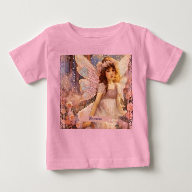 Whimsical Fairy in Dreamy Pink Floral Garden Baby T-Shirt (Front)