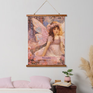 Whimsical Fairy in Dreamy Pink Floral Garden Hanging Tapestry