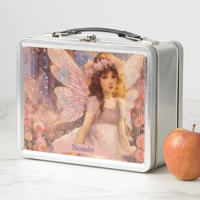 Whimsical Fairy in Dreamy Pink Floral Garden Metal Lunch Box (In Situ)