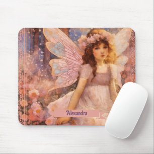 Whimsical Fairy in Dreamy Pink Floral Garden Mouse Pad