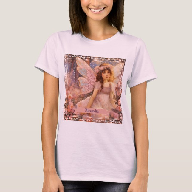 Whimsical Fairy in Dreamy Pink Floral Garden T-Shirt (Front)