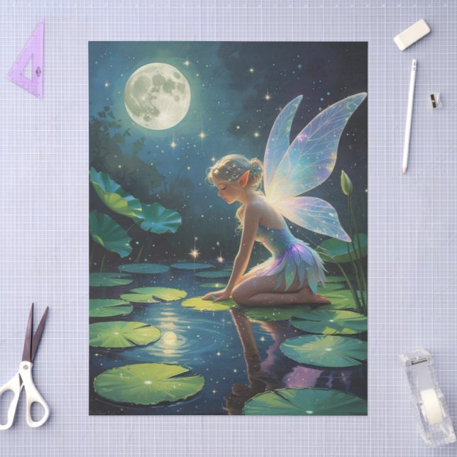 Whimsical Fairy Moonlit Pond Fantasy Art Decoupage Tissue Paper (Craft)
