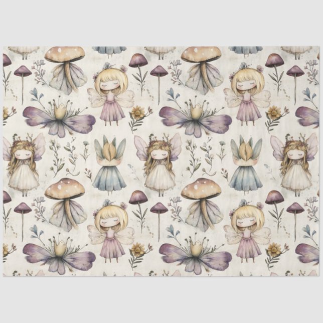 Whimsical Fairy & Mushroom Flower Garden Decoupage Tissue Paper (Front)