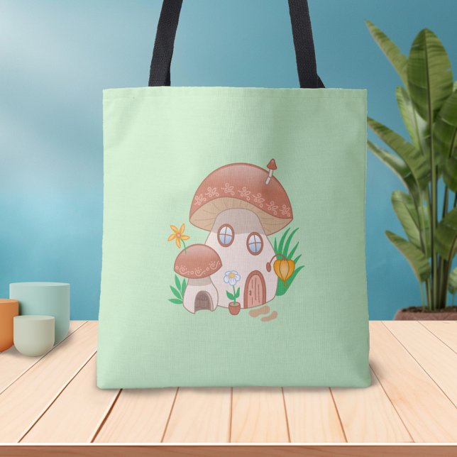 Whimsical Fairy Mushroom House Green Tote Bag (Creator Uploaded)