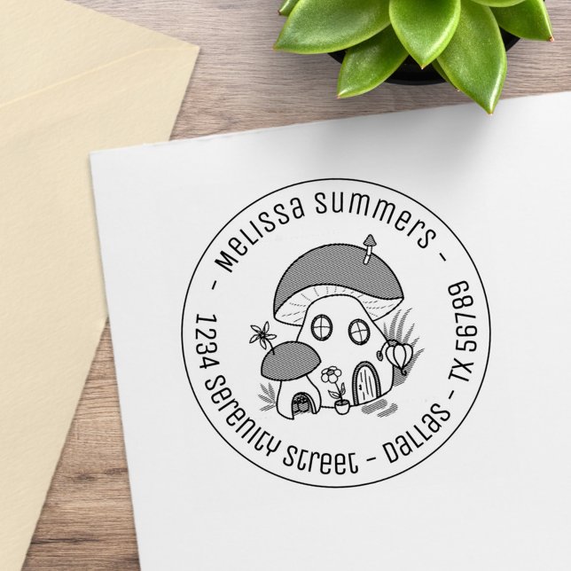 Whimsical Fairy Mushroom House Round Address Rubber Stamp (Creator Uploaded)