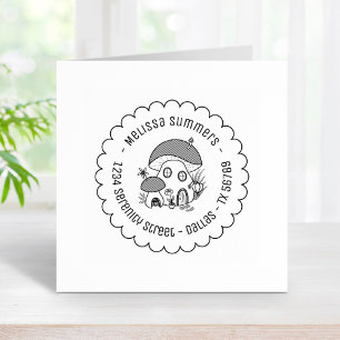 Whimsical Fairy Mushroom House Scalloped Address Rubber Stamp