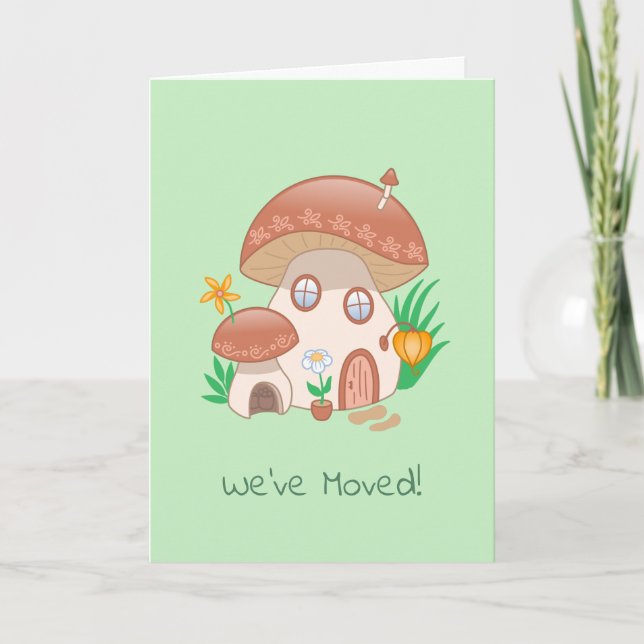 Whimsical Fairy Mushroom House We Moved Green Card (Front)
