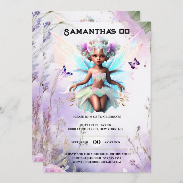 Whimsical fairy princess african american girls invitation (Front/Back)