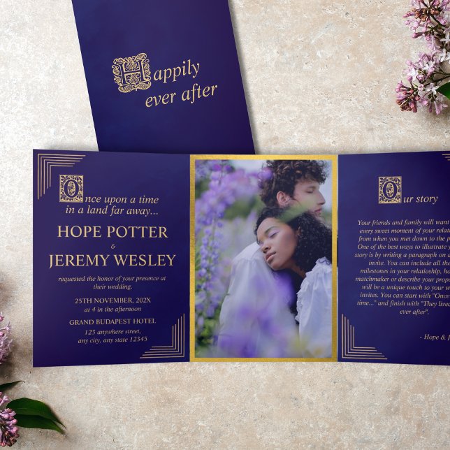 Whimsical Fairy Tale Book Gold Purple Velvet Tri-Fold Invitation (Happily ever after - purple gold Fairy tale wedding invitation)