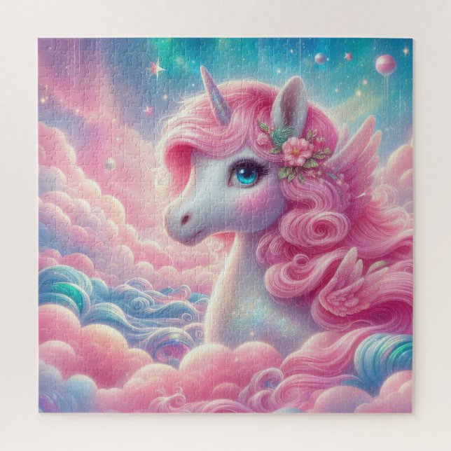 Whimsical fairy tale pink and blue unicorn jigsaw puzzle (Vertical)