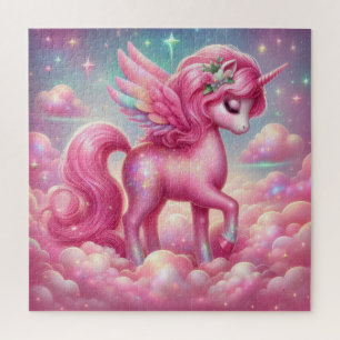 Whimsical fairy tale pink glitter and blue unicorn jigsaw puzzle
