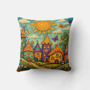 Whimsical Fairy Tale Village Colorful Canvas Art Cushion