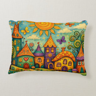 Whimsical Fairy Tale Village Colorful Canvas Art Decorative Cushion