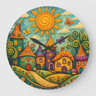Whimsical Fairy Tale Village Colorful Canvas Art Large Clock