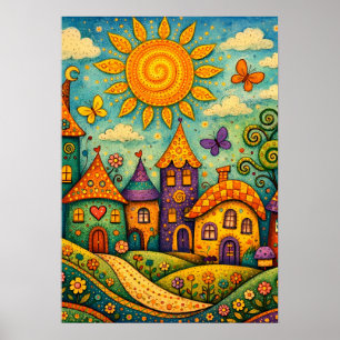 Whimsical Fairy Tale Village Colorful Canvas Art Poster