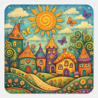 Whimsical Fairy Tale Village Colorful Canvas Art Square Sticker