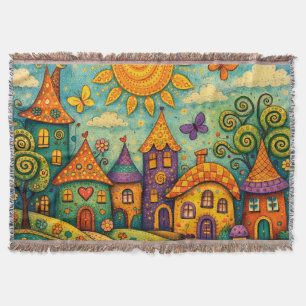 Whimsical Fairy Tale Village Colorful Canvas Art Throw Blanket